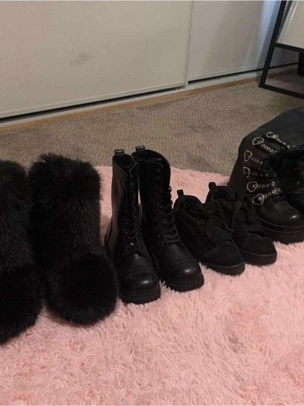 4 Black shoes, Fur boots, Regular boots, Dc shoes, and Gothic chunky boots.